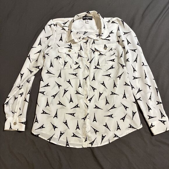 Karl Lagerfeld Paris Women Eiffel Tower Button Blouse Small White Black - Picture 1 of 7